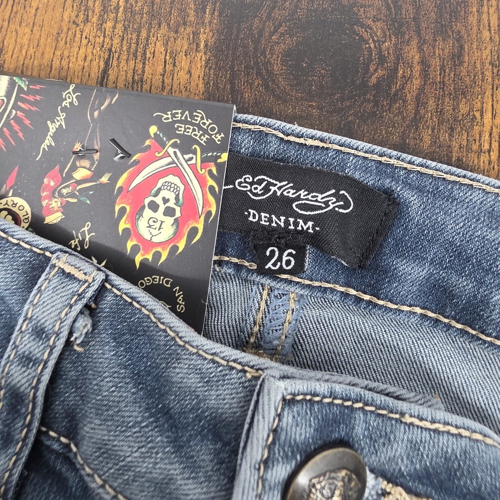 NWT Ed Hardy Slim Fit Flare‎ Jeans "New York" Dragon Embroidered Sz 26x32 Womens - Picture 5 of 10